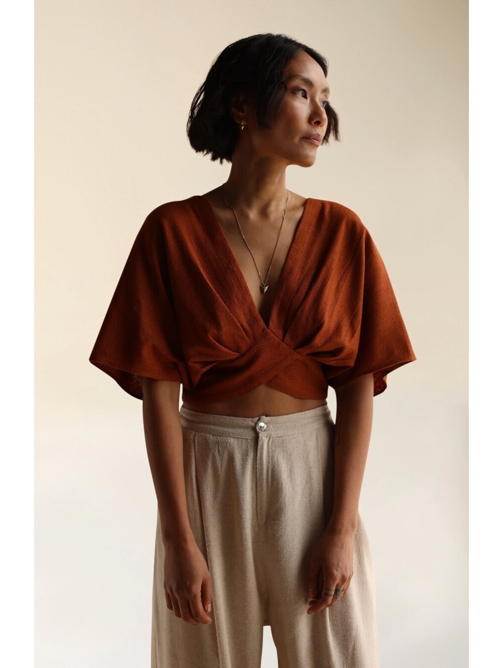 FARA Boutique Alice Crop Top SM Cinnamon Orange 100% Raw Silk Tie Back Boho